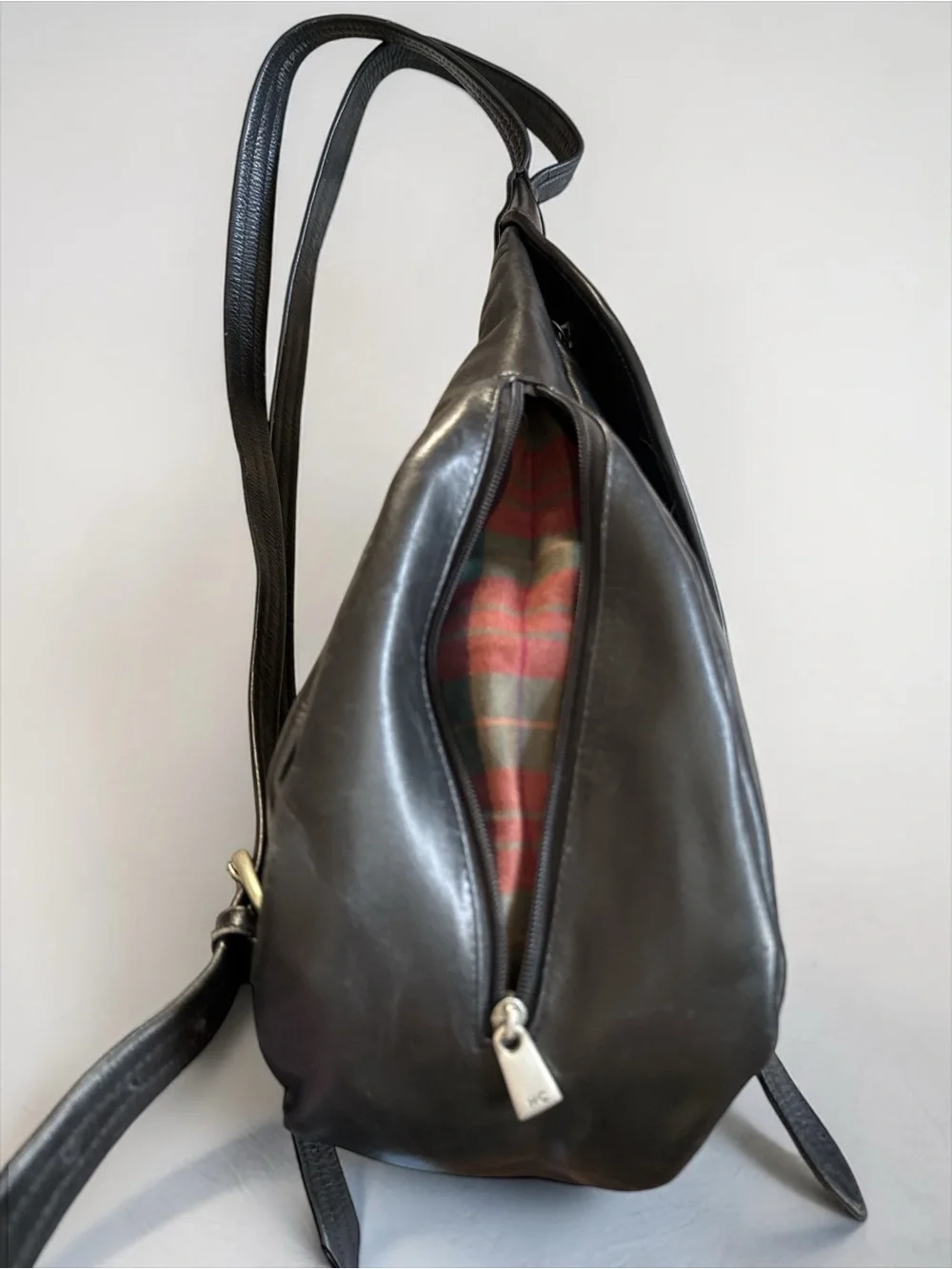 Vintage Wilsons Leather Handcrafted Black Leather Backpack Men’s Plaid Lined